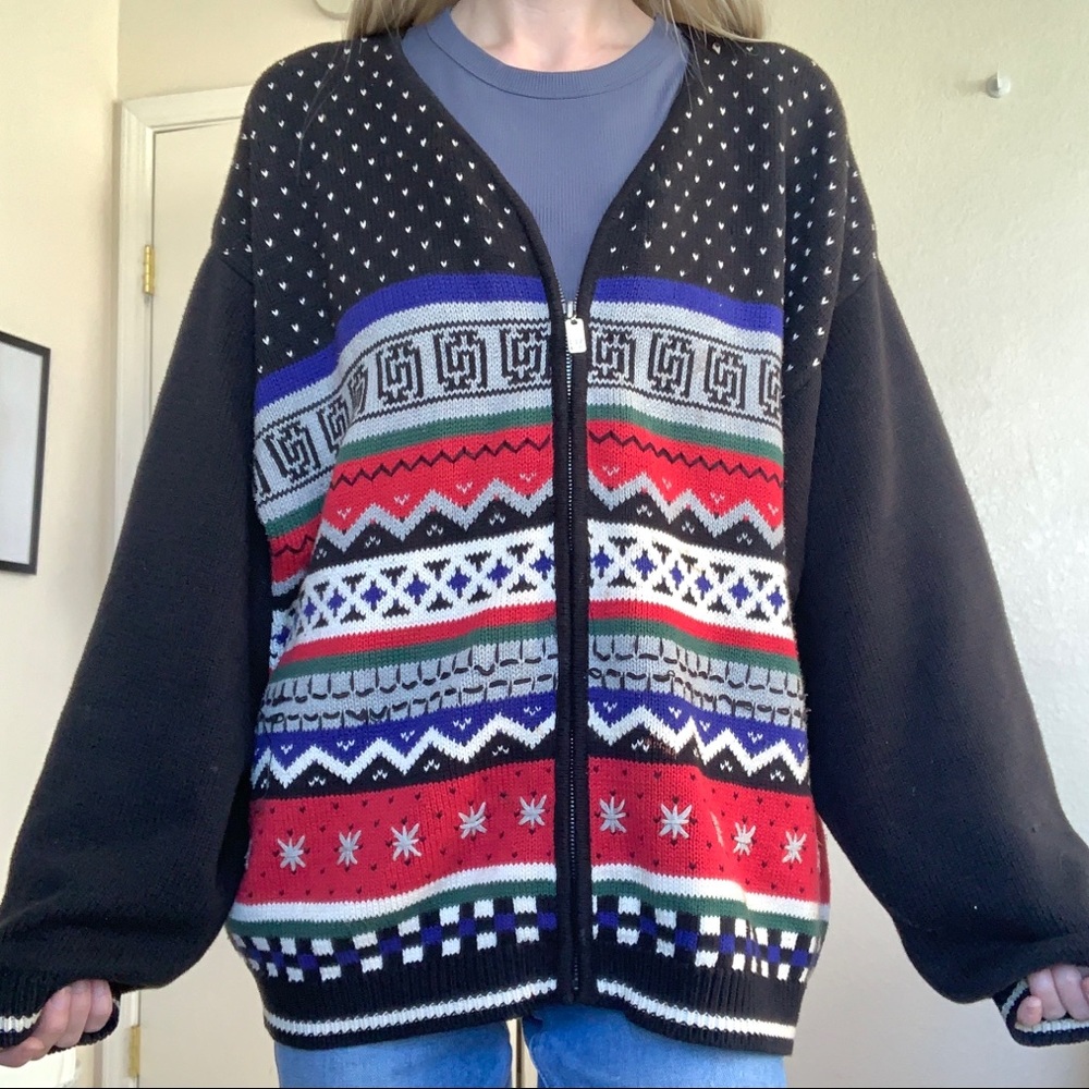 Vintage 90s Australian Fair Isle Print Oversized Knit Zip Up Sweater Jacket